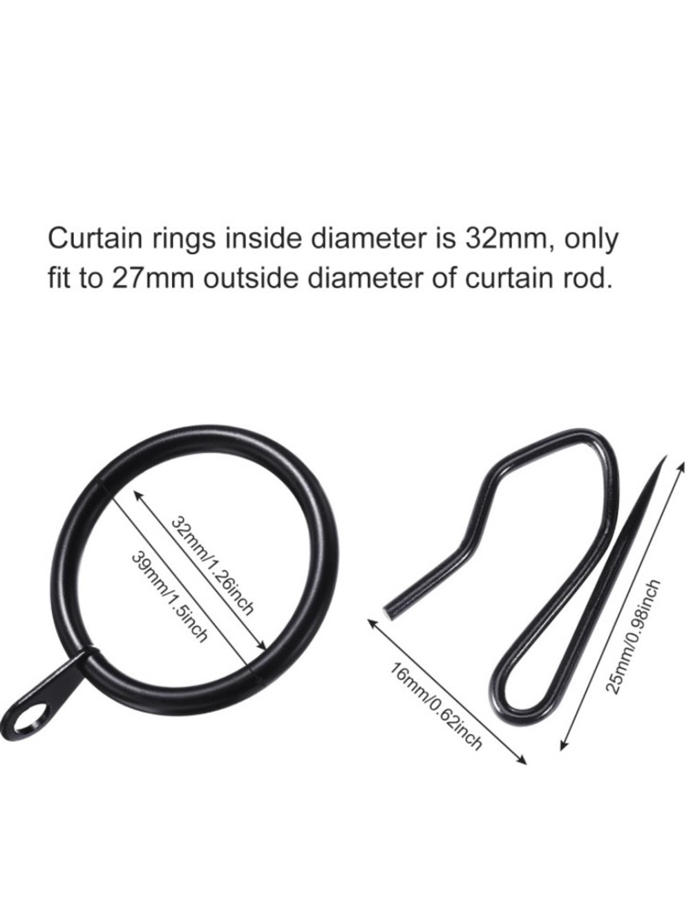 BLACK Metal Curtain Rings with Pinhooks - 30Pc.